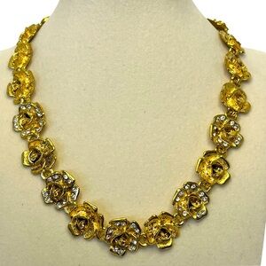 Vintage Gold Tone Floral Necklace with White Crystal Detail by Yechang